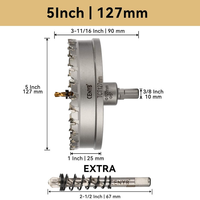 cenyb 5" (127mm) Tungsten Carbide Tipped Hole Saw with 2Pcs Titanium-Plated Pilot Drill Bits for Hard Metal,Stainless Steel,Iron,Aluminum Alloy,Wood and Plastic - Image 2